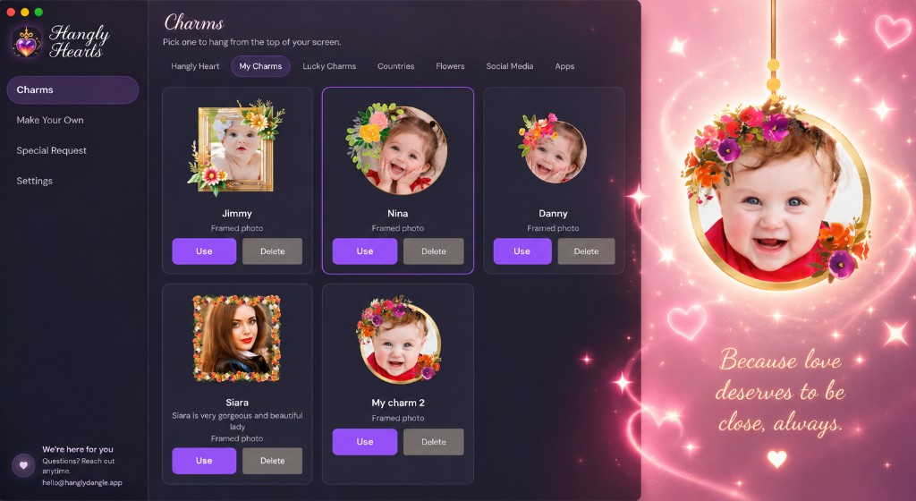 Hangly Hearts desktop photo frame app showing personalized photo frames on Mac and Windows