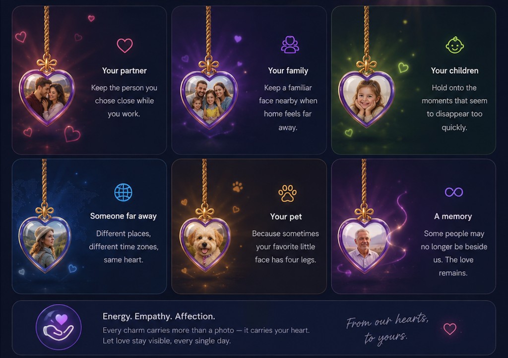 Hangly Hearts showing charms for partners, family, children, distant loved ones, pets, and memories